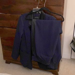 Gently used Eloquii tuxedo style blue suit with black satin detail, size 18
